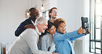 Laughing, selfie and tablet with business people in office together for bonding or memories. Funny, photograph and technology with happy employee team in workplace for social media post or update
