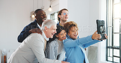 Buy stock photo Laughing, selfie and tablet with business people in office together for bonding or memories. Funny, photograph and technology with happy employee team in workplace for social media post or update
