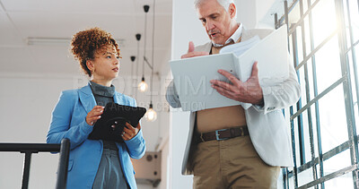 Buy stock photo CEO, businessman and documents with assistant in office building for business schedule or tasks. Mature, man or executive with binder or assistance for company agenda, planning or report in workplace