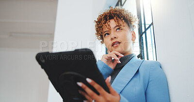 Buy stock photo Thinking, business and woman in office with tablet, research and planning pricing for real estate. Below, realtor and ideas  in workplace with tech, listing decision and schedule viewing for auction