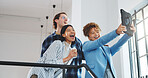 Happy, selfie and tablet with business people in office together for bonding or memories. Smile, team photograph and technology with employee friends in workplace for social media post or update