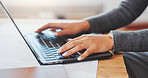 Architect, typing and hands with laptop in office, online or planning for design project on website. Creative, research and person with tech, property development and info for building renovation