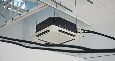 Buy stock photo Ceiling, installation or roof with air conditioner for cooling system, control or temperature regulation. Empty, cables or fan with filter machine for clean energy, gas ventilation or circulation