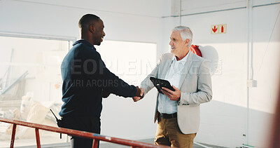 Buy stock photo Handshake, real estate and tablet with businessmen in corporate space for purchase or rental deal. App, introduction and workplace tour with people shaking hands for agreement or property showing