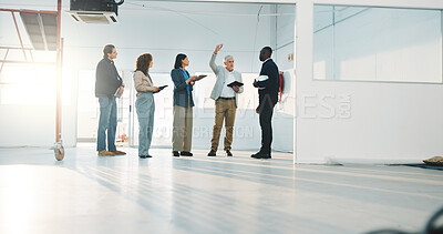 Buy stock photo Building, inspection and people with architect, discussion or plan for renovation costs with tablet. Site supervisor, point and colleagues with tech for construction budget, meeting and collaboration