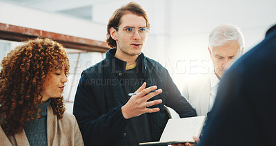 Buy stock photo Notebook, discussion and business people in office with feedback on property listing with schedule. Meeting, information review and team of real estate agents with development project in workplace.