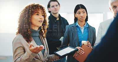 Buy stock photo Tablet, discussion and business people in office with feedback on property listing with schedule. Meeting, digital technology and team of real estate agents with development project in workplace.