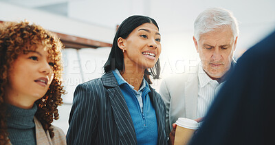 Buy stock photo Architecture, meeting and conversation on site with team, property development insight and planning. Architect, people and project manager in building with collaboration, discussion and renovation.