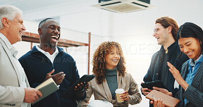 Buy stock photo Architecture, people and laugh on site with meeting, collaboration and funny idea for construction. Happy, team and architect manager in building with joke, diversity and planning renovation project.