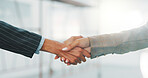 Handshake, deal and business people in office with meeting, sale or closing on property listing. Welcome, teamwork and real estate agent shaking hands with client for lease agreement in workplace.