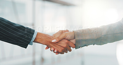 Buy stock photo Handshake, deal and business people in office with meeting, sale or closing on property listing. Welcome, teamwork and real estate agent shaking hands with client for lease agreement in workplace.