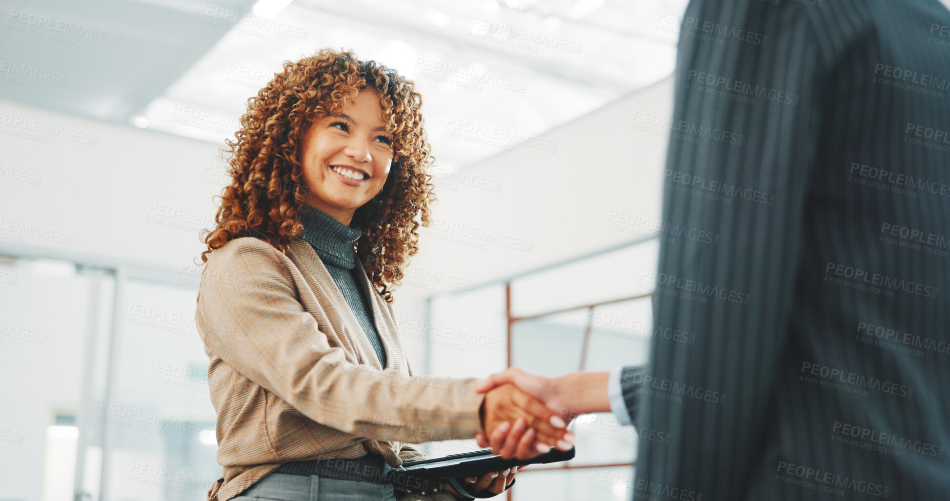 Buy stock photo Handshake, welcome and business people in office with meeting, sale or closing on property listing. Deal, happy and real estate agent shaking hands with client for lease agreement from below.