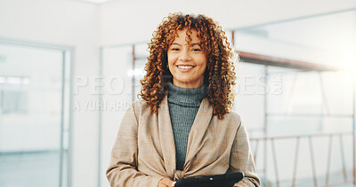 Buy stock photo Portrait, woman and interior designer with tablet in building for construction renovation or design. Happy, female person or smile with technology for property development, improvement or remodeling
