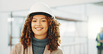 Portrait, architect or woman at construction site with helmet, building project or design experience. Happy, person and property designer with PPE, renovation and pride for architecture expertise.