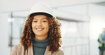 Buy stock photo Portrait, architect or woman at construction site with helmet, building project or design experience. Happy, person and property designer with PPE, renovation and pride for architecture expertise.