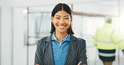 Buy stock photo Portrait, architect and woman at construction site with arms crossed, project and design experience. Happy, person or property designer with confidence, renovation or pride for architecture expertise