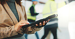 Hands, woman and engineer at site with tablet, research and compliance survey for construction. Person, contractor and reading with digital, checklist and inspection report for building development