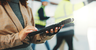 Buy stock photo Hands, woman and engineer at site with tablet, research and compliance survey for construction. Person, contractor and reading with digital, checklist and inspection report for building development