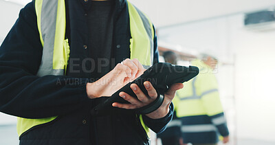 Buy stock photo Construction, review or hands on site with tablet, task brief or inspection report on development. Industrial, man or engineer with tech, project instruction or operation schedule on digital platform