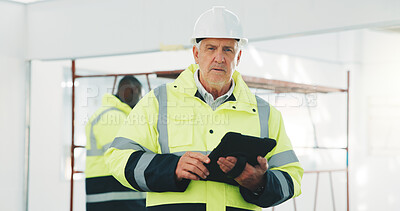 Buy stock photo Serious, man and engineer at site with tablet, career pride and about us for construction. Portrait, mature person and contractor with digital, checklist and inspection report for building renovation