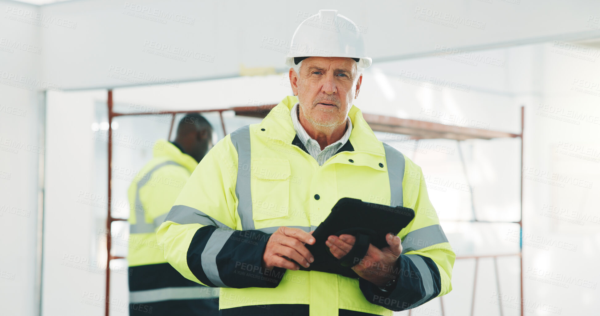 Buy stock photo Serious, man and engineer at site with tablet, career pride and about us for construction. Portrait, mature person and contractor with digital, checklist and inspection report for building renovation