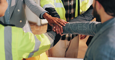 Buy stock photo Architect, team and hand stack on construction site, partnership and unity for property development. Civil engineering, collaboration and people with design project, solidarity or support in building