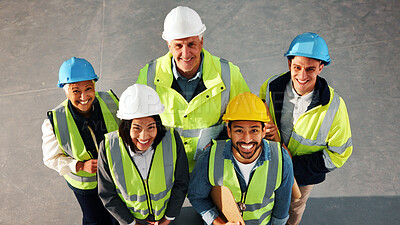 Buy stock photo Portrait, team and engineer with above of people in building for inspection, architect and support. About us, construction and real estate with contractor for property surveyor, smile and renovation