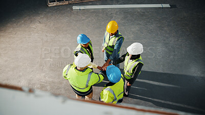Buy stock photo Hands together, support and engineer with above of people in building for inspection, architect and team. Space, construction and success with contractor for property surveyor, goal and renovation