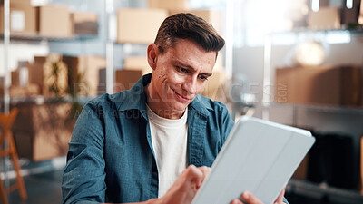 Buy stock photo Tablet, man and supply chain worker in office with research, inventory or online order information. Happy, cargo service and logistics manager with digital technology for industrial delivery.
