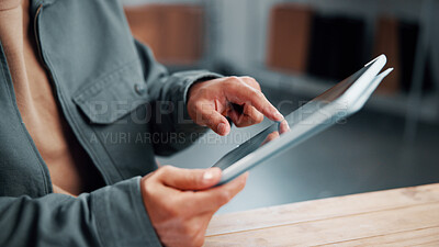 Buy stock photo Hands, tablet and person in startup for ecommerce, order confirmation and track shipping. Logistics, technology and man in office with distribution email notification, schedule delivery or send quote