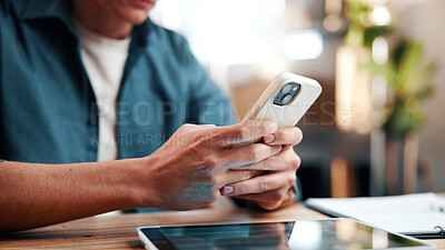 Buy stock photo Hands, phone and person in small business for logistics, order confirmation and text message. Supply chain, mobile and man in startup office with distribution email, schedule delivery and send quote