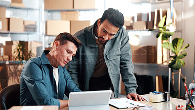 Buy stock photo Logistics, review or team in office with tablet, shipping track or feedback on inventory management. Collaboration, men or supplier with tech, stock control or export status in distribution warehouse