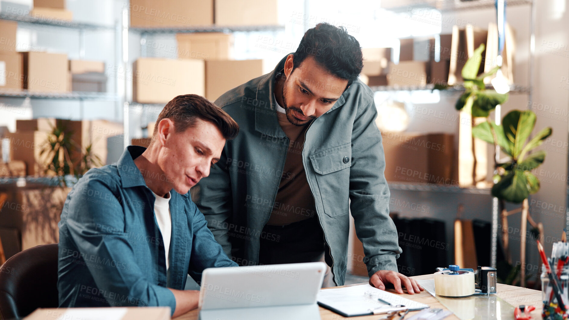 Buy stock photo Logistics, review or team in office with tablet, shipping track or feedback on inventory management. Collaboration, men or supplier with tech, stock control or export status in distribution warehouse