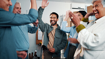 Buy stock photo Logistics, success and team celebration at office for supply chain goal, milestone or achievement. Excited people, distribution and clap for delivery target, sales record or productivity improvement