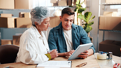 Buy stock photo People, tablet and conversation in workshop for logistics, supply chain or distribution. Discussion, supplier and clipboard in small business for export, startup or stock inventory for ecommerce
