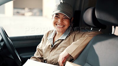 Buy stock photo Logistics, portrait and woman in van with smile, dispatch profession and pride in courier service. Confidence, happy and delivery worker with package, freight distribution or about us in supply chain