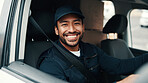 Logistics, portrait and man in van with smile, dispatch profession and pride in courier service. Confidence, happy and delivery worker with package, freight distribution and about us in supply chain.