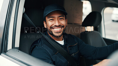 Buy stock photo Logistics, portrait and man in van with smile, dispatch profession and pride in courier service. Confidence, happy and delivery worker with package, freight distribution and about us in supply chain.