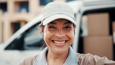 Buy stock photo Logistics, happy and woman at van with portrait, dispatch profession and pride as delivery worker. Confidence, ambition or courier outdoor with smile, freight distribution or about us in supply chain