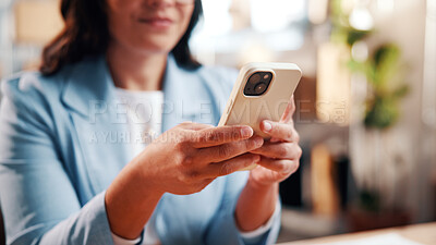 Buy stock photo Hands, phone and woman in small business for logistics, order confirmation and text message. Supply chain, mobile and person in office with distribution email update, schedule delivery and send quote