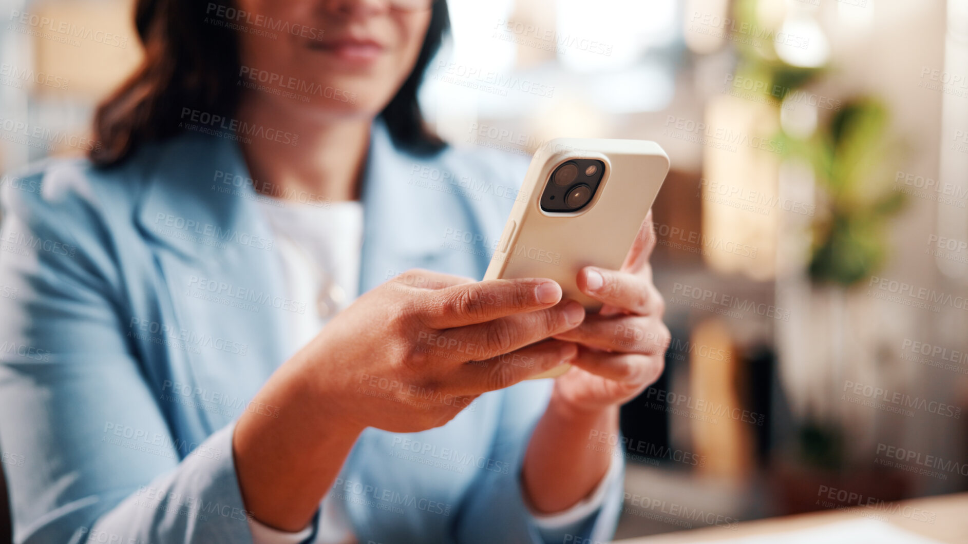 Buy stock photo Hands, phone and woman in small business for logistics, order confirmation and text message. Supply chain, mobile and person in office with distribution email update, schedule delivery and send quote