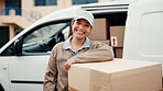 Logistics, portrait and woman at van with box, dispatch profession and pride as delivery worker. Confidence, happy and courier outdoor with package, freight distribution and about us in supply chain.