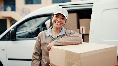 Buy stock photo Logistics, portrait and woman at van with box, dispatch profession and pride as delivery worker. Confidence, happy and courier outdoor with package, freight distribution and about us in supply chain.