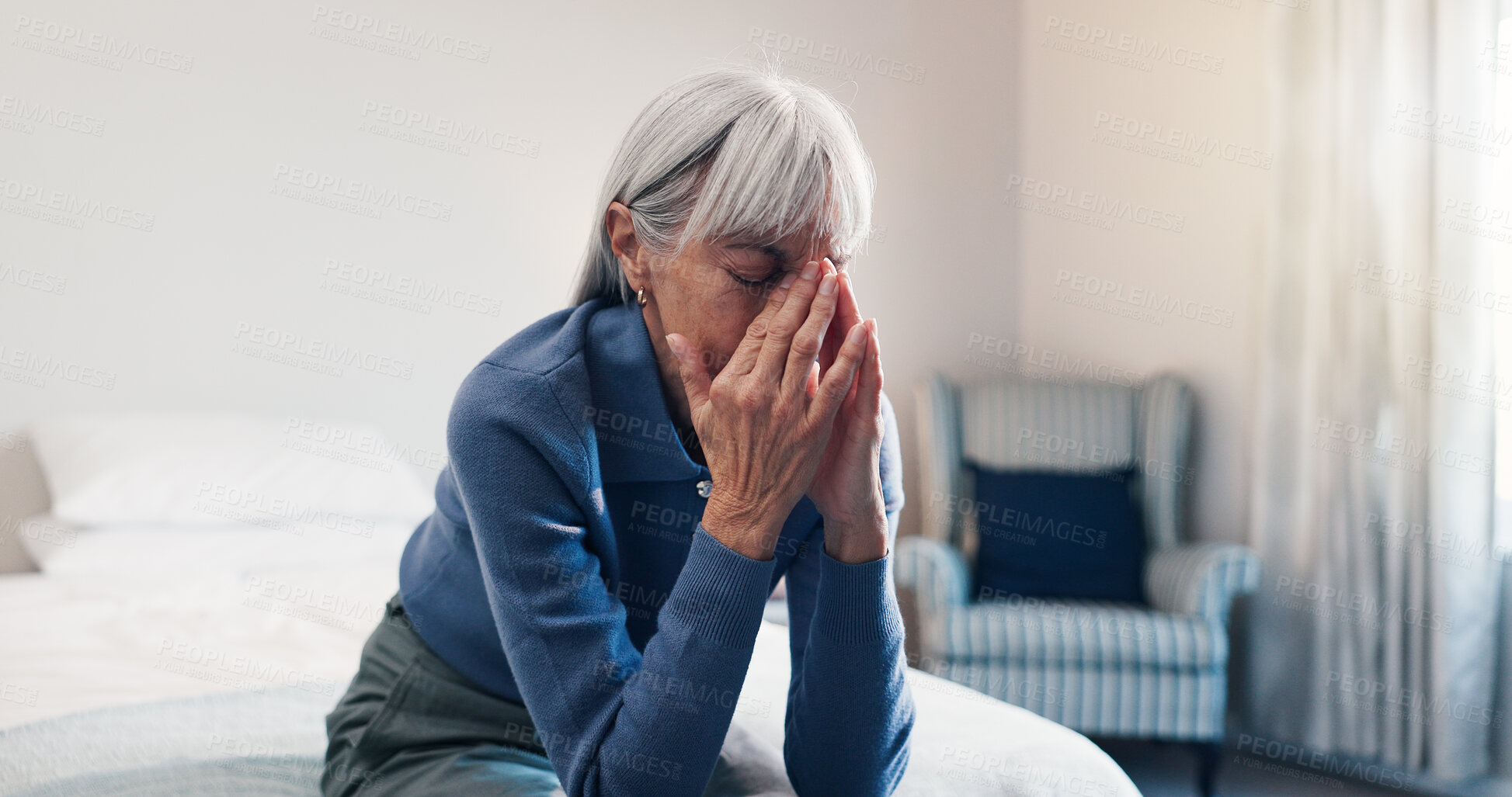 Buy stock photo Senior, woman or stress with headache in bedroom for mistake, bad news or past regret in retirement. Elderly, female person or pain with migraine in bed for strain, pressure or discomfort in house