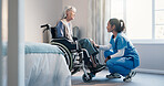 Elderly, woman and nurse helping patient in wheelchair for assisted living, recovery or medical aid. Caregiver, senior care or female person with a disability for healthcare or mobility in bedroom