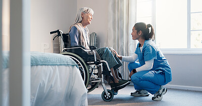 Buy stock photo Elderly, woman and nurse helping patient in wheelchair for assisted living, recovery or medical aid. Caregiver, senior care or female person with a disability for healthcare or mobility in bedroom
