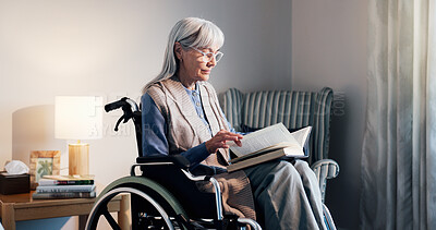 Buy stock photo Old woman, wheelchair and book with relax in home, reading and wellness with calm retirement hobby. Novel, language learning or fiction with disabled person in bedroom, break and story for self care