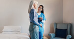 Senior woman or nurse with patient in bedroom for assisted living, recovery or medical aid. Caregiver, elderly care or helping female person for healthcare support, balance or comfort in nursing home
