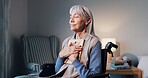 Senior, hug or happy woman with picture frame in wheelchair for good memory, past moment or comfort. Elderly, widow or female person with a disability or photo for peace or relief in retirement home