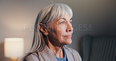 Buy stock photo Old woman, thinking and retirement in home with past perspective, history or memory for mindfulness. Reflection, remember or mindset with senior person, pensioner and nostalgia with daydreaming